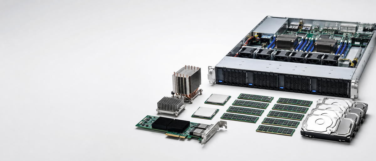 Server chassis with processors, memory modules and drives laid out
