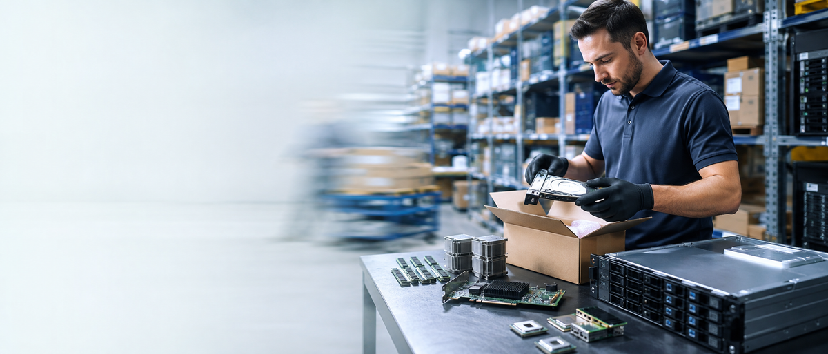 Technician packing a bench-tested server part in a warehouse